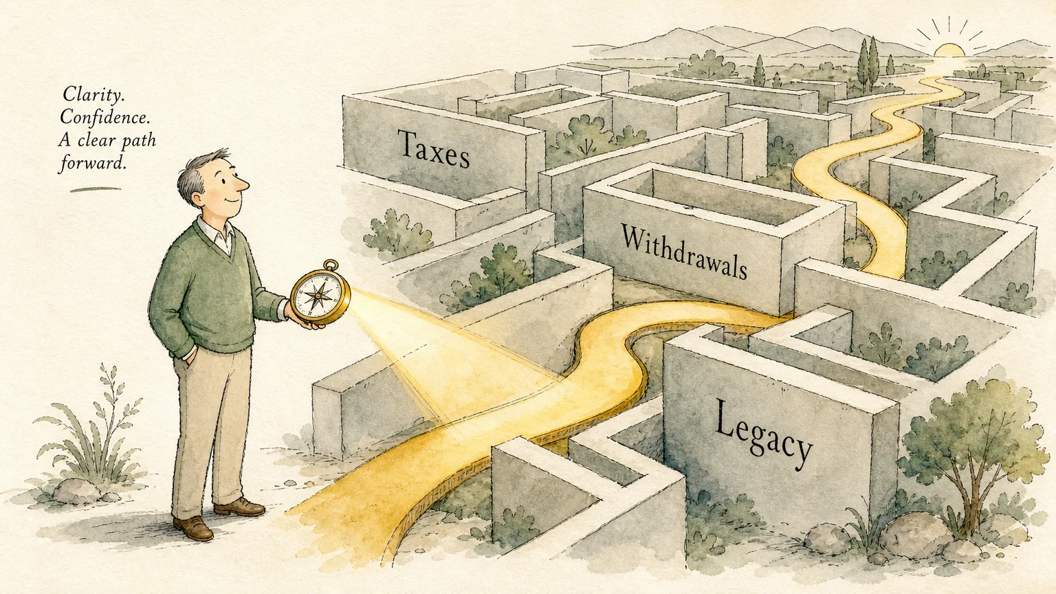A conceptual watercolor illustration of a guide with a compass lighting a clear path through a complex maze of financial blocks.