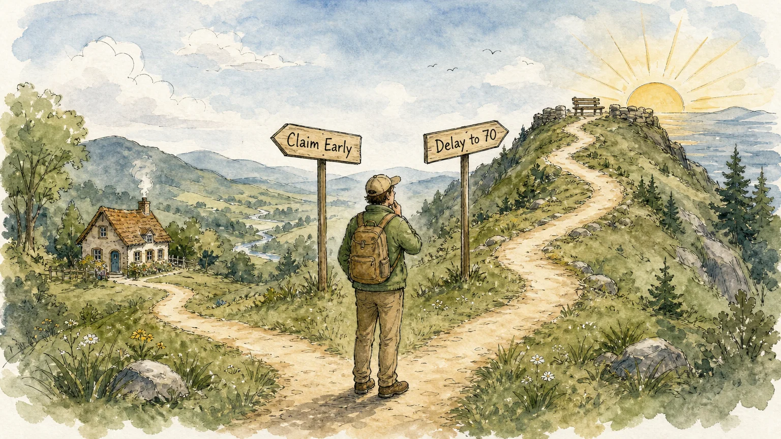 A conceptual watercolor illustration of a person standing at a fork in a path labeled Claim Early and Delay to 70.