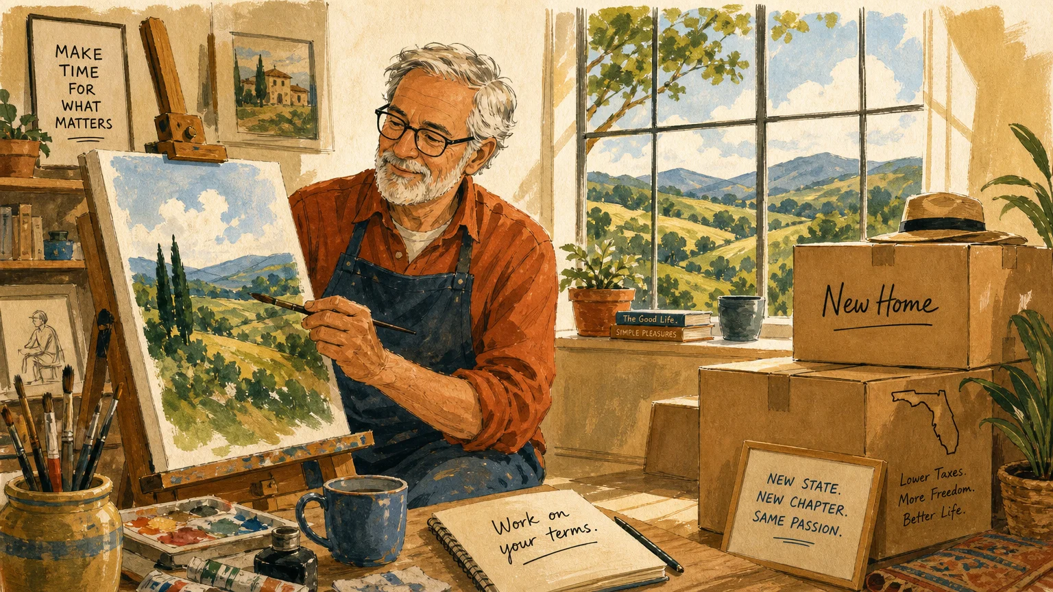 A cozy gouache illustration of a senior painting in a sun-drenched home studio with moving boxes, symbolizing active retirement.