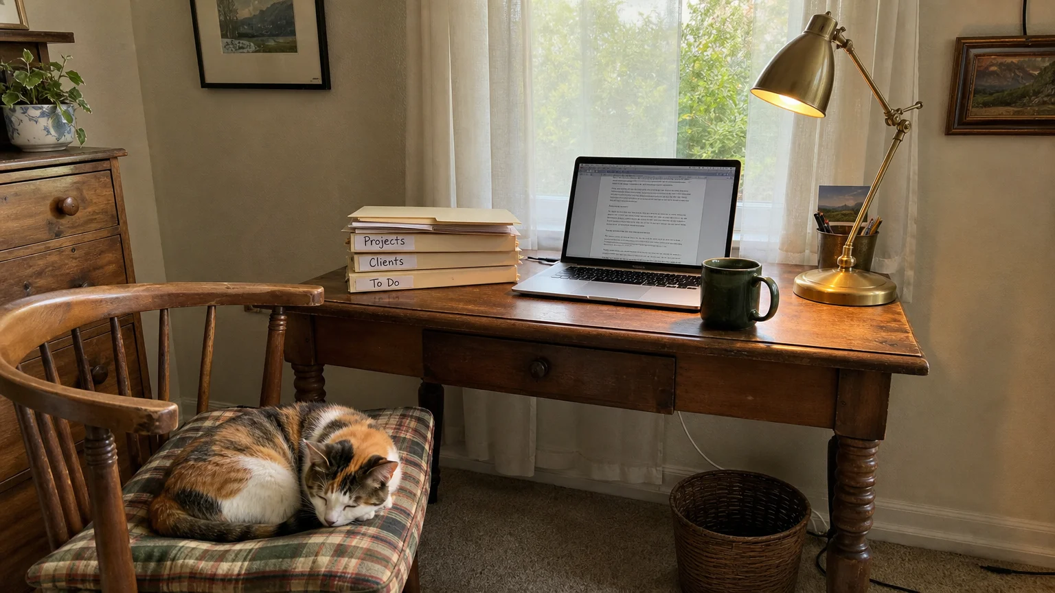 A cozy home office corner in a house, featuring a desk, laptop, folders, and a sleeping cat on a chair.