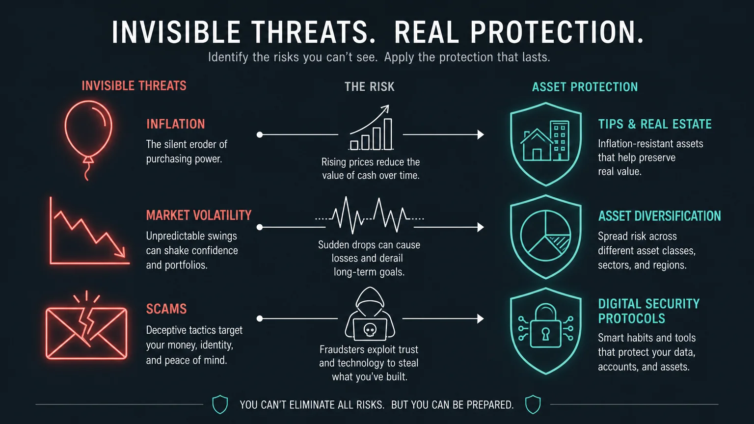 A dark slate infographic mapping retirement threats like inflation and volatility to defensive solutions like diversification.