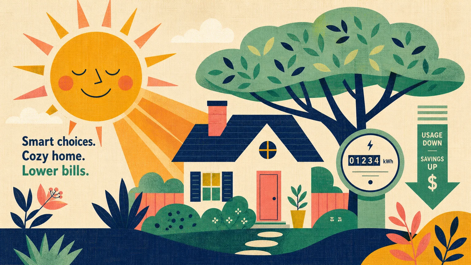 A flat graphic mid-century style illustration of a cozy cottage surrounded by utility saving icons and a downward-pointing meter arrow.