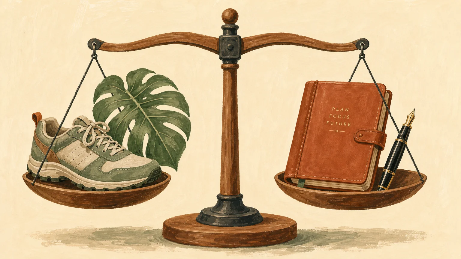 A gouache illustration of a balance scale holding a walking shoe and leaf on one side, and a planner and pen on the other.