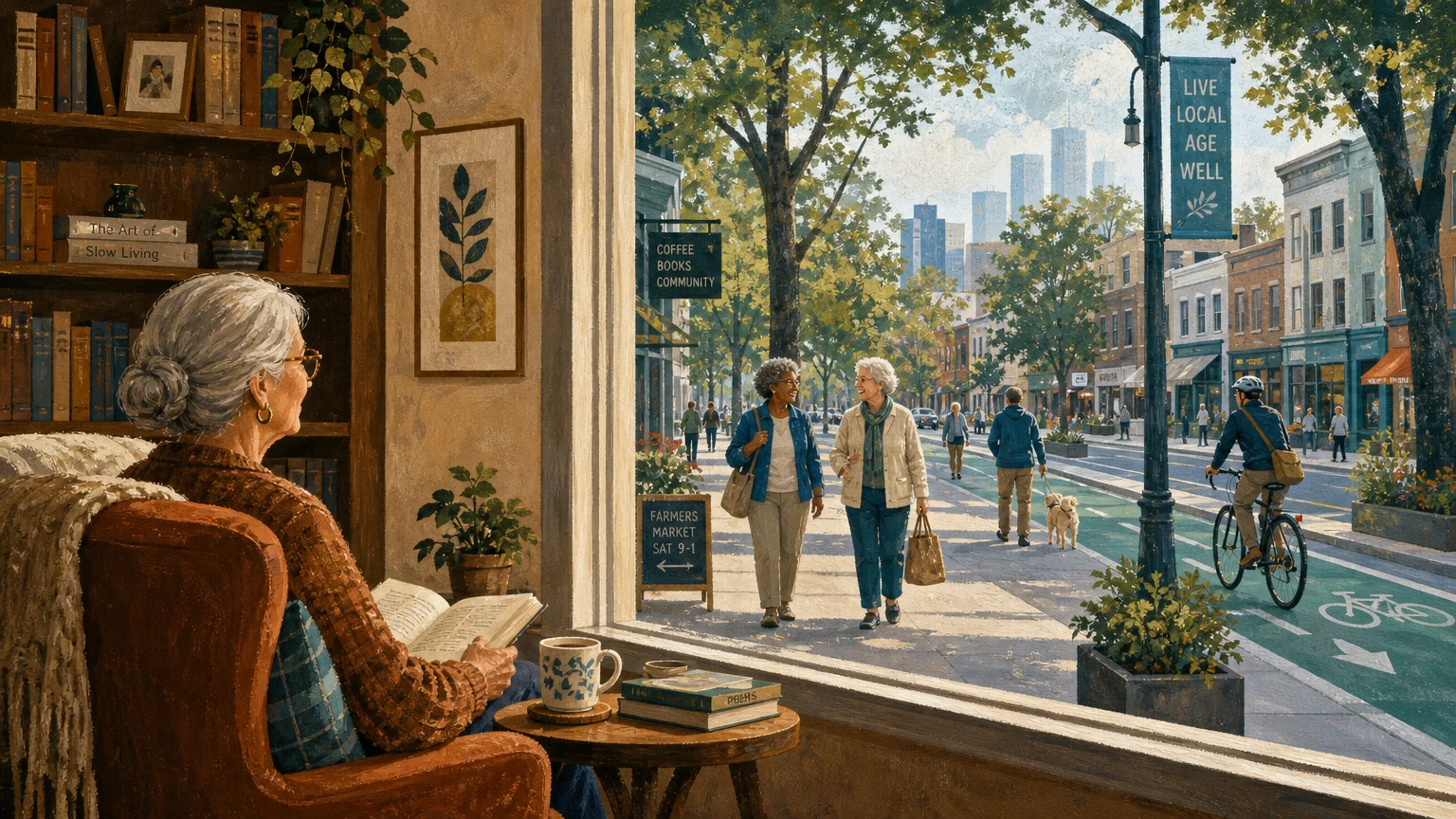A gouache illustration of a cozy apartment interior looking out a large window at a lively, safe pedestrian-friendly street.