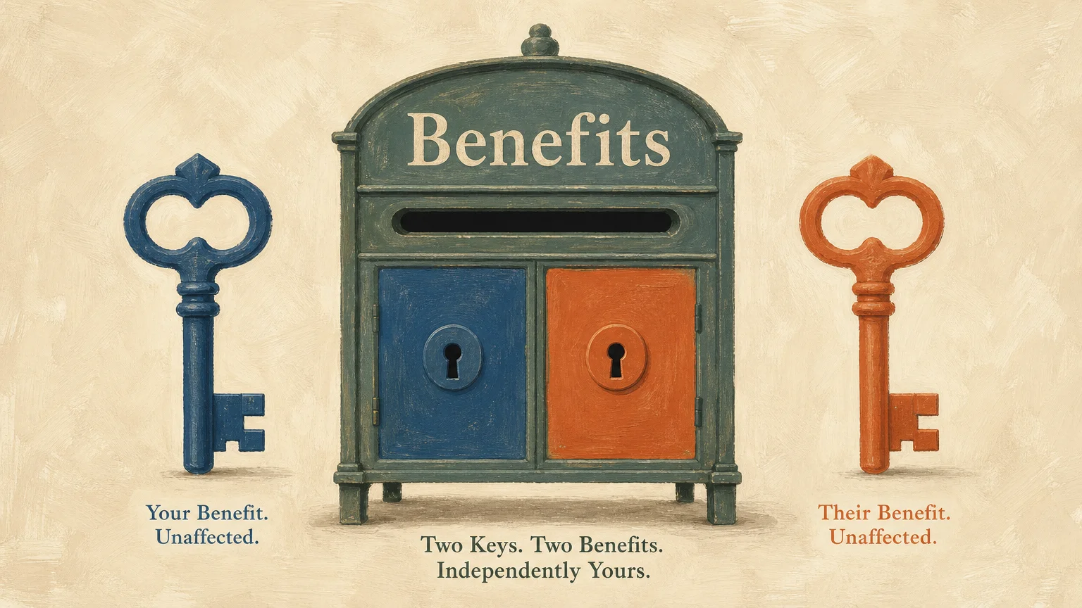 A gouache illustration of two keys opening the same mailbox, symbolizing independent claiming options for divorced spouses.