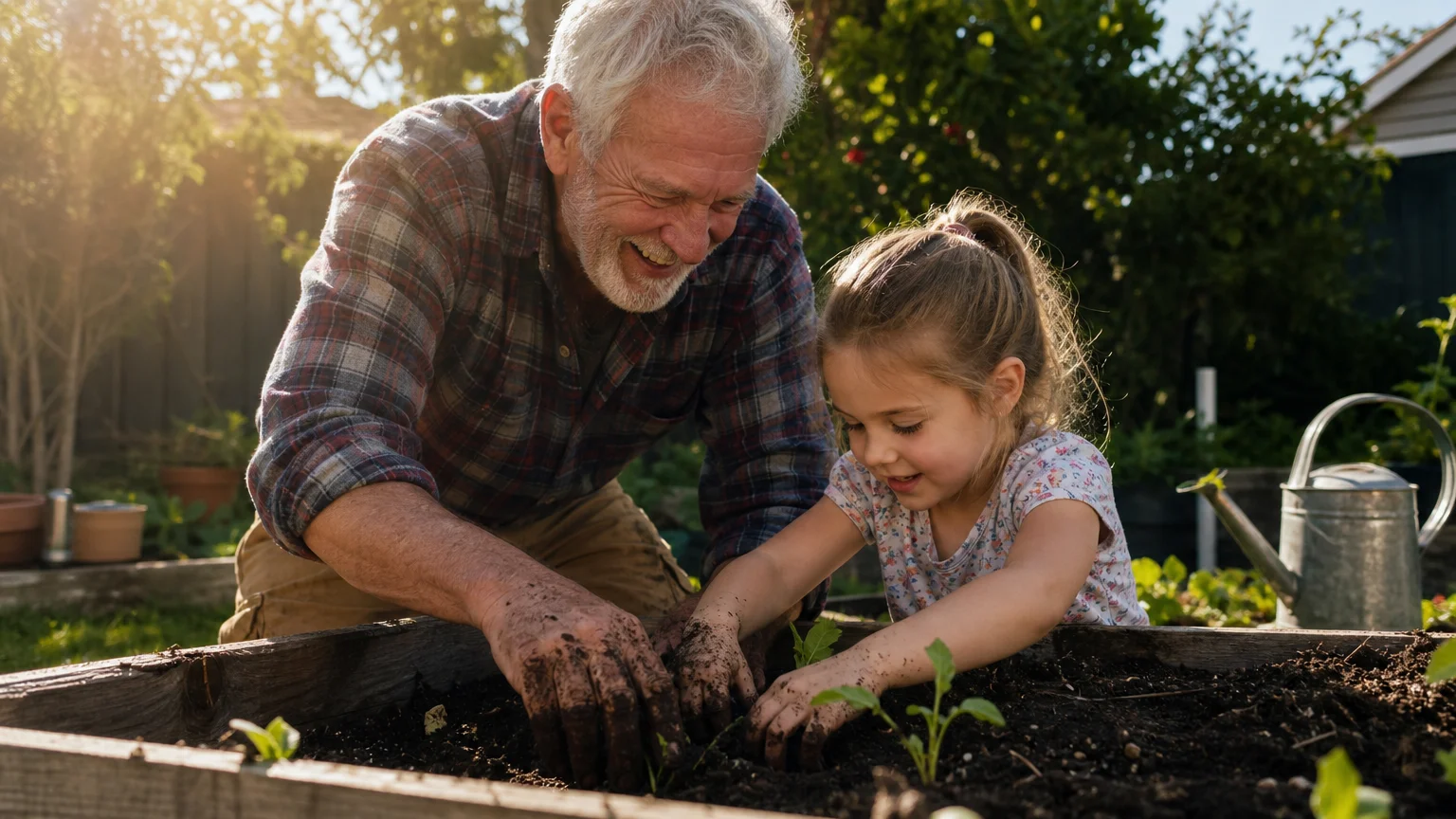 A grandfather and granddaughter laughing together while gardening in a sun-drenched backyard planter box.