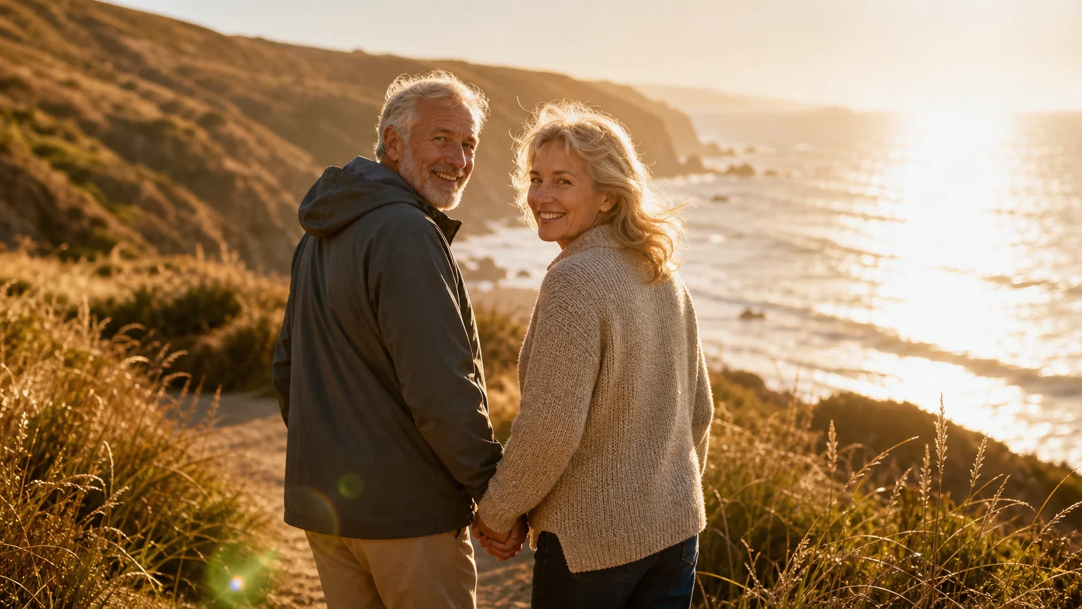 A healthy senior couple walking along a coastal path during golden hour, reflecting a vibrant and active retirement lifestyle.