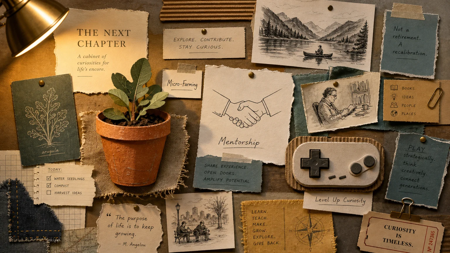 A horizontal collage of paper-cut icons representing gardening, mentorship, and gaming on a textured cream background.