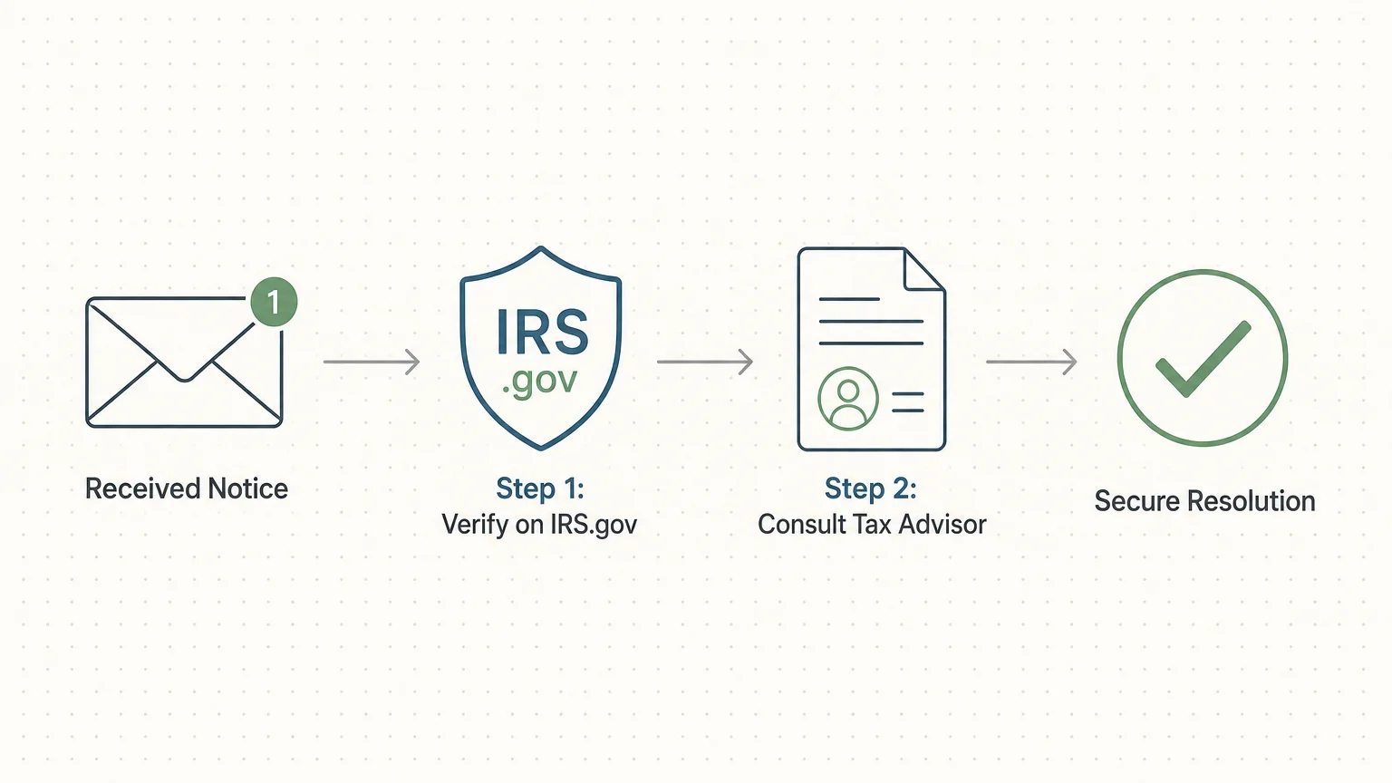 A horizontal flowchart showing a step-by-step process to verify official tax communications safely.