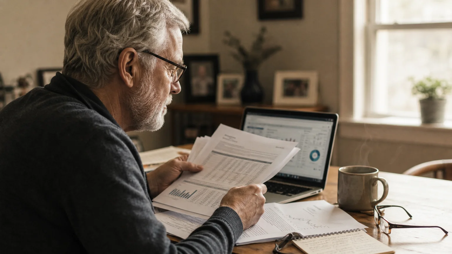 A man reviews financial documents at his kitchen table in soft morning light, representing strategic retirement planning.