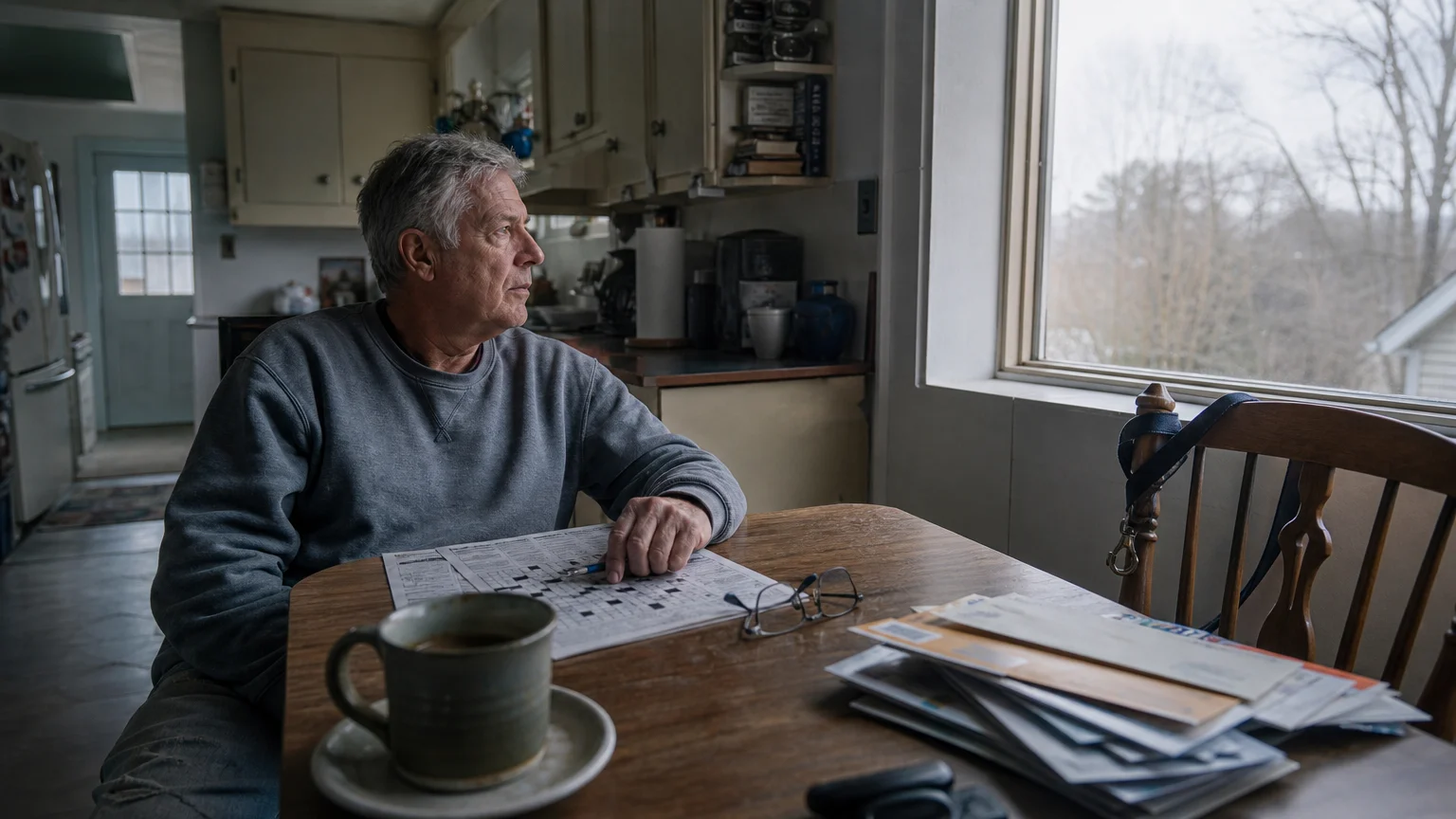 A man sitting alone at his kitchen table in the afternoon, looking out the window with a crossword puzzle.
