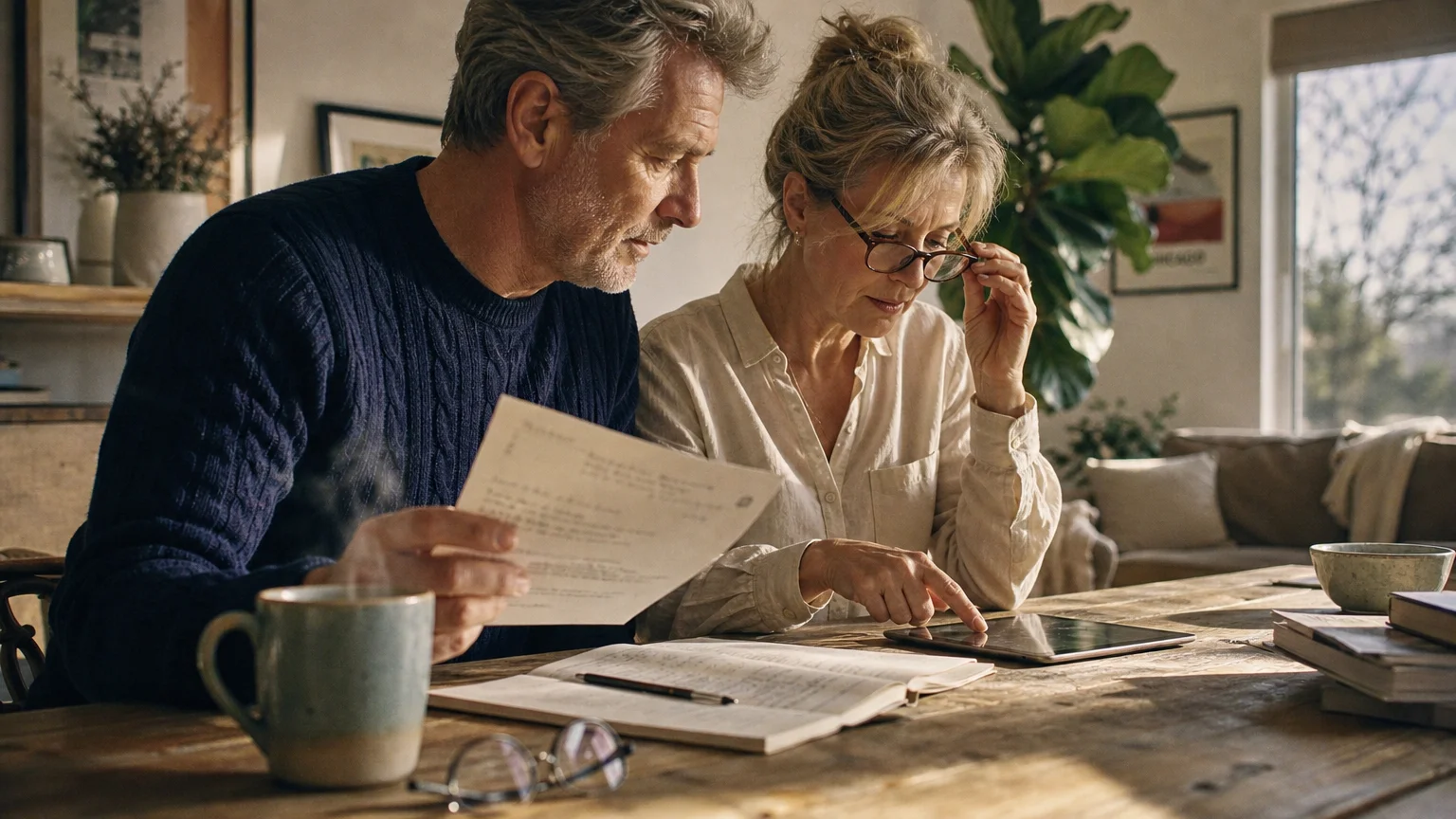 A mature couple in their 60s looking over documents at a sunlit dining table, planning their retirement strategy.