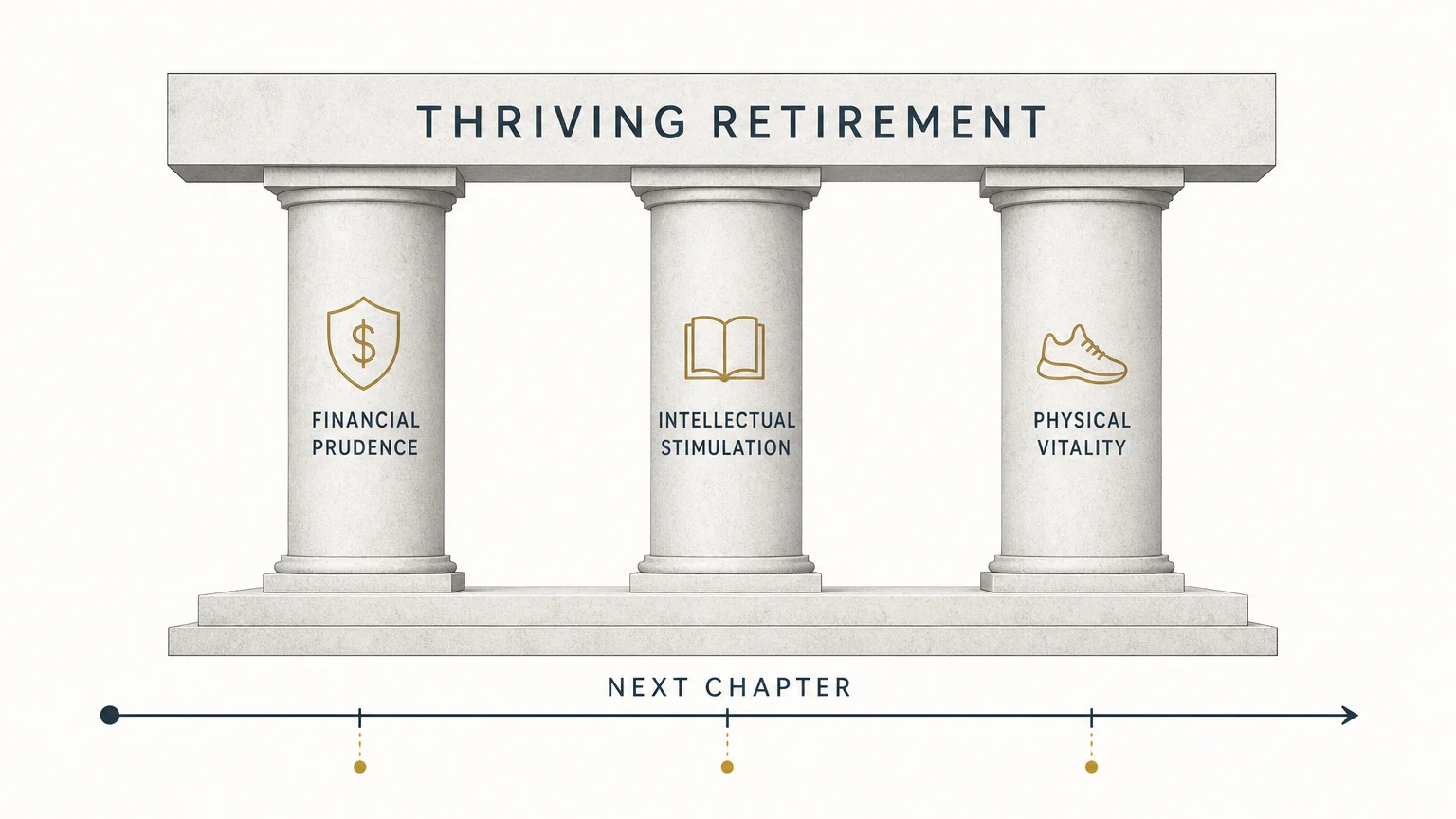 A minimalist architectural diagram showing three pillars labeled Financial Prudence, Intellectual Stimulation, and Physical Vitality.
