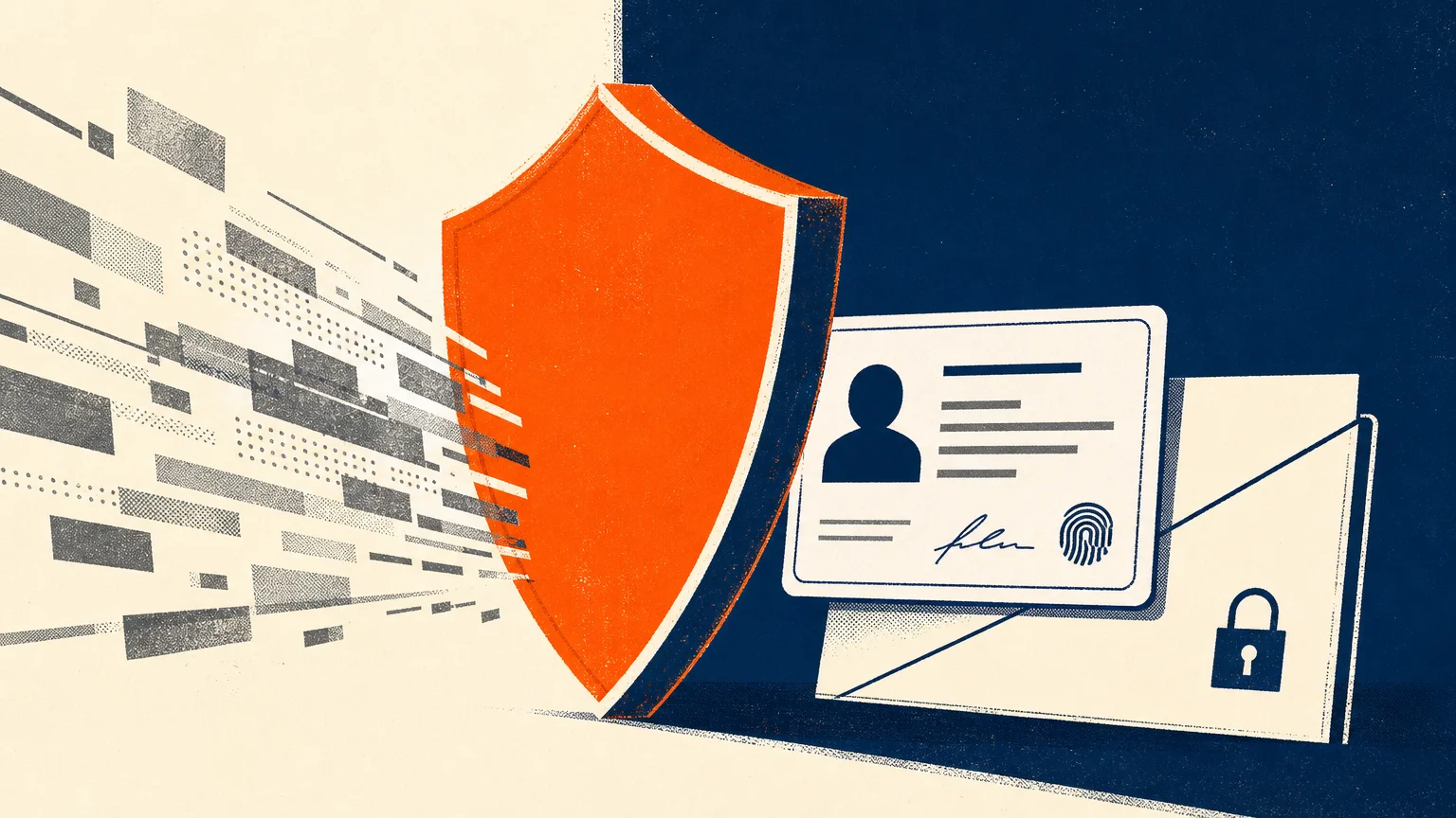 A minimalist graphic illustration of a solid orange shield protecting a stylized identity document.