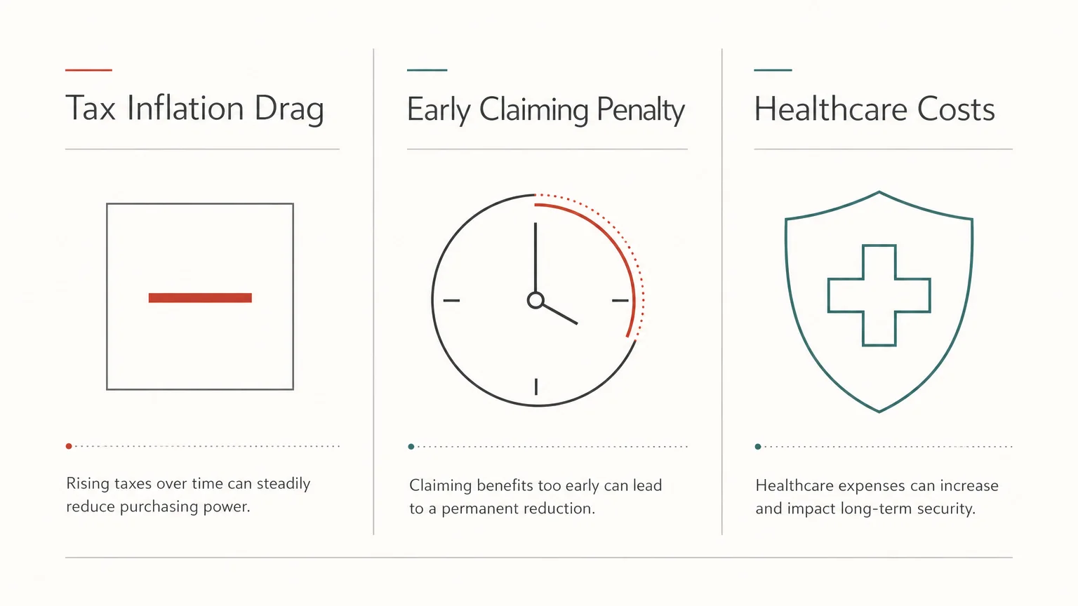 A minimalist three-panel infographic detailing the key risks to retirement security: tax drag, early penalties, and healthcare costs.