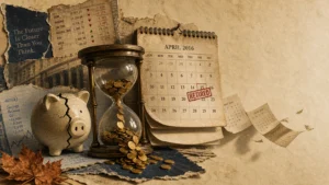 A mixed media collage featuring an hourglass filled with coins, a cracked piggy bank, and a calendar, symbolizing retirement timing.