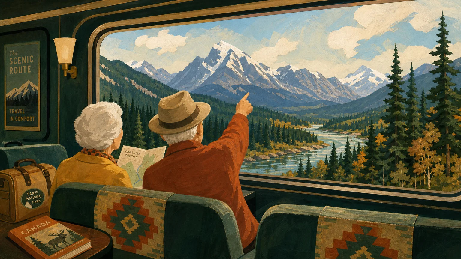 A nostalgic gouache illustration of an older couple looking out a train window at a beautiful mountain landscape.