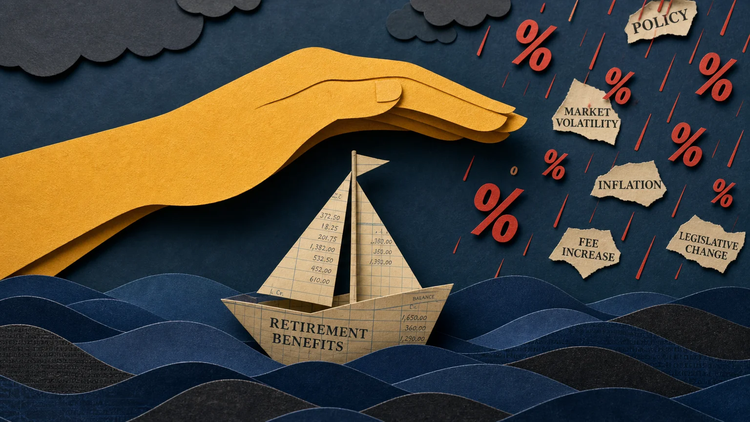 A paper-art collage of a small sailboat made of financial ledgers navigating waves, shielded by a large protective yellow hand.
