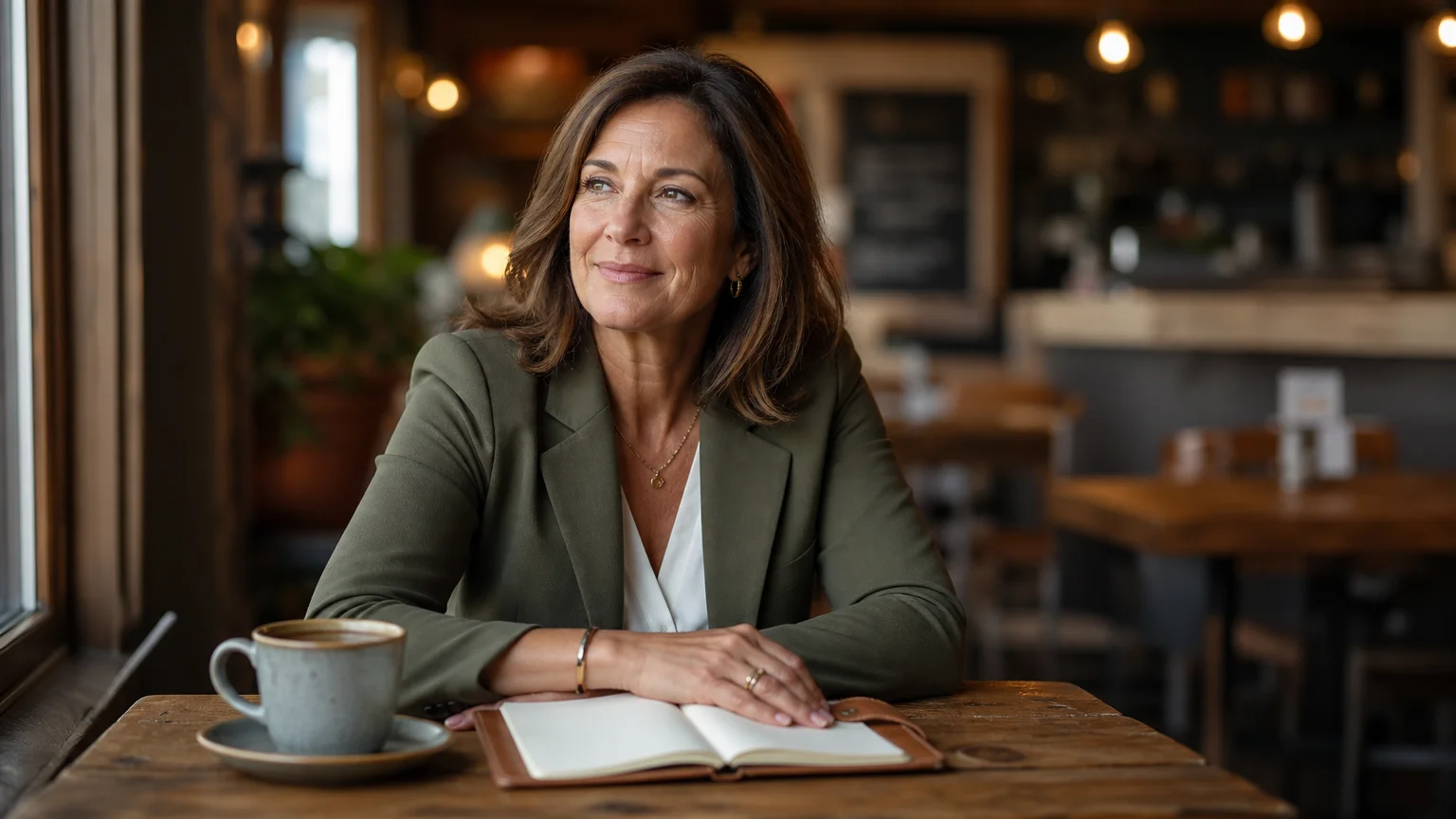 A professional female financial planner sitting in a warm, inviting coffee shop with a thoughtful, trustworthy expression.