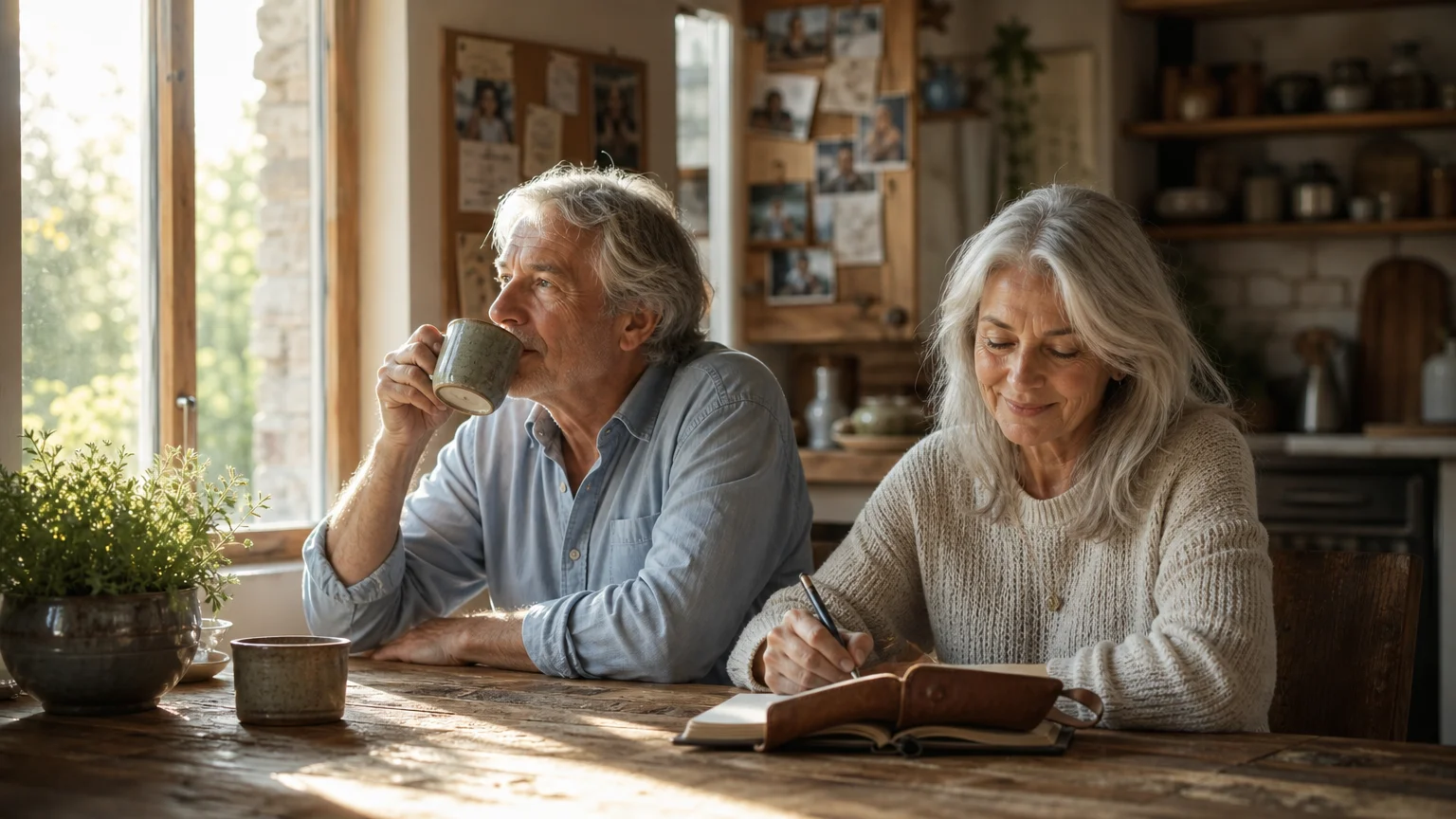 A retired couple enjoys a peaceful, sun-filled morning in their cozy home, symbolizing a comfortable lifestyle on a modest budget.
