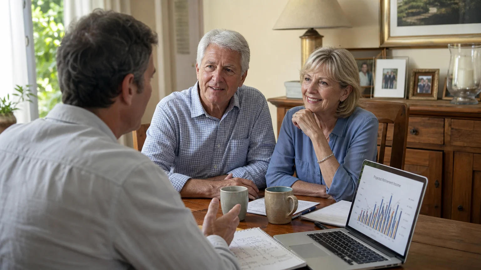 A retired couple has a warm, casual financial planning discussion at their kitchen table with a consultant.