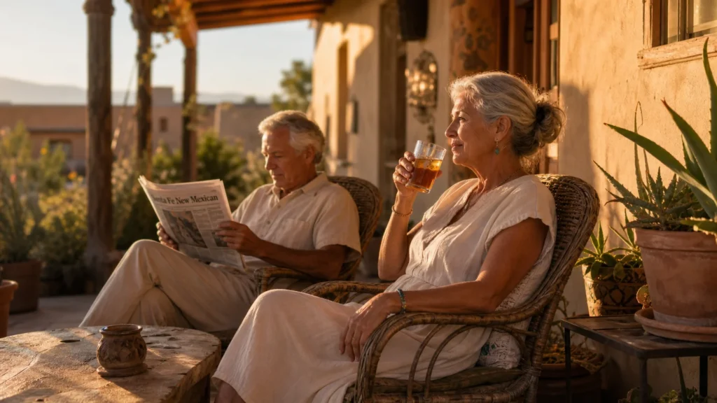A retired couple relaxing on a sunny patio of a southwestern home during golden hour.