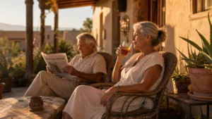 A retired couple relaxing on a sunny patio of a southwestern home during golden hour.