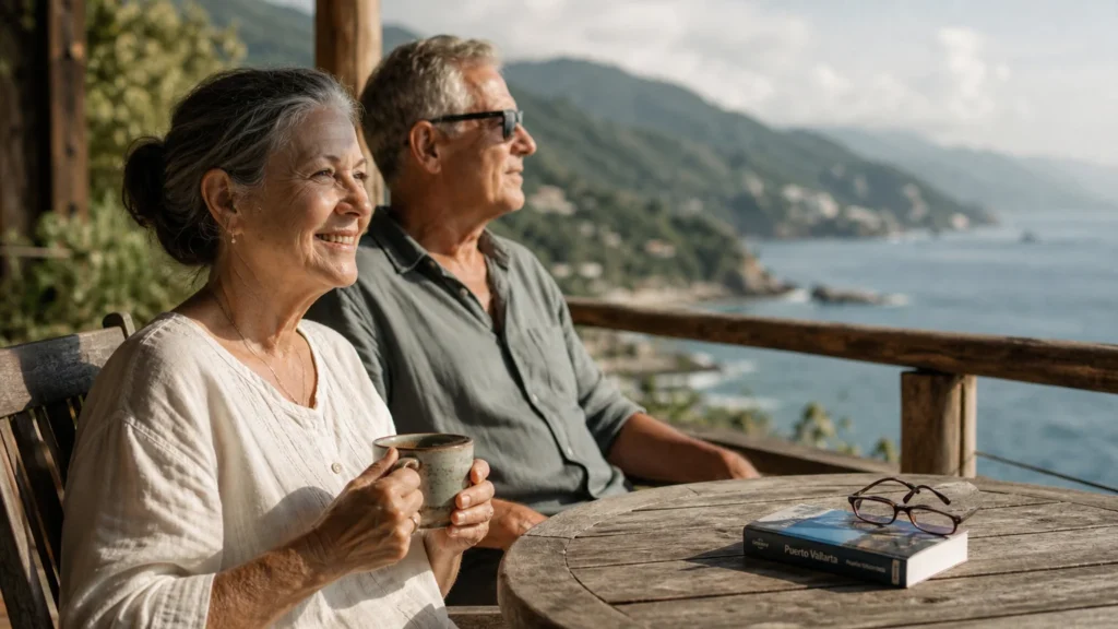 A retired couple relaxing on a wooden balcony overlooking a beautiful Mexican bay, enjoying a warm morning during their vacation.