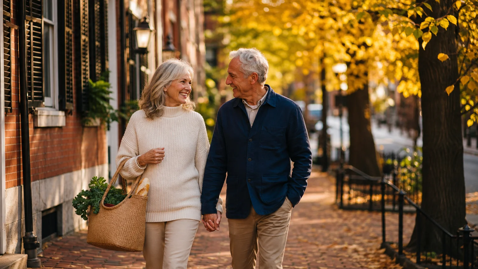 A retired couple smiling and walking down a beautiful, sun-dappled historic brick sidewalk with a canvas bag of fresh groceries.