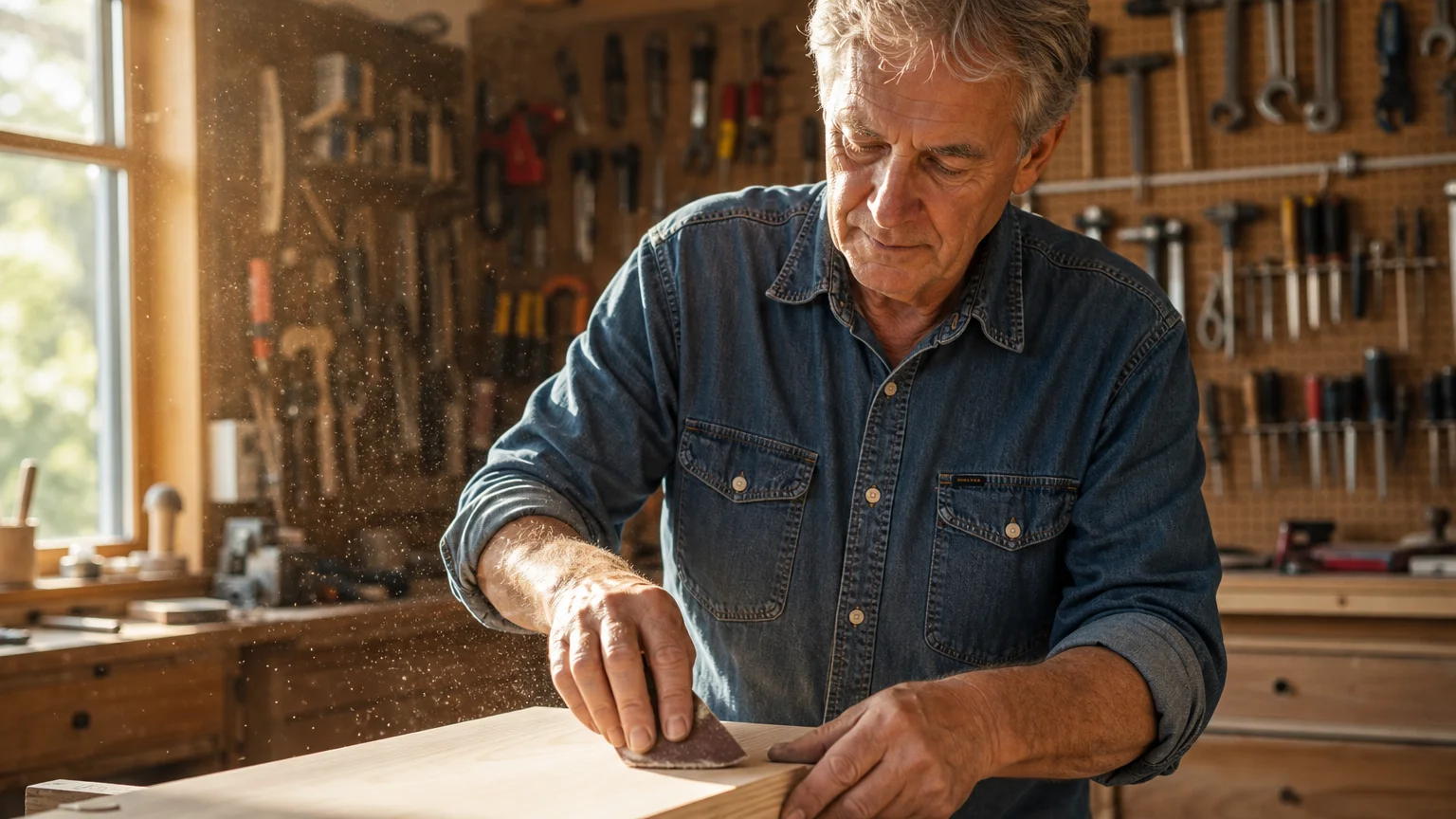 A retired man calmly working on a woodworking project in his sunlit garage workshop.