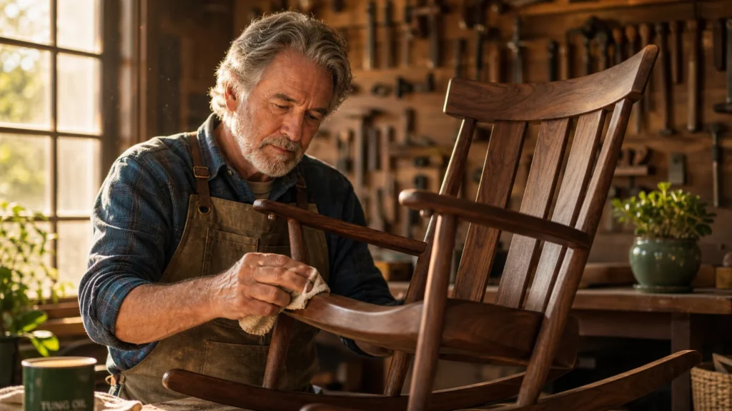 A retired man carefully applies finish to a handmade wooden rocking chair in his sun-drenched home workshop.
