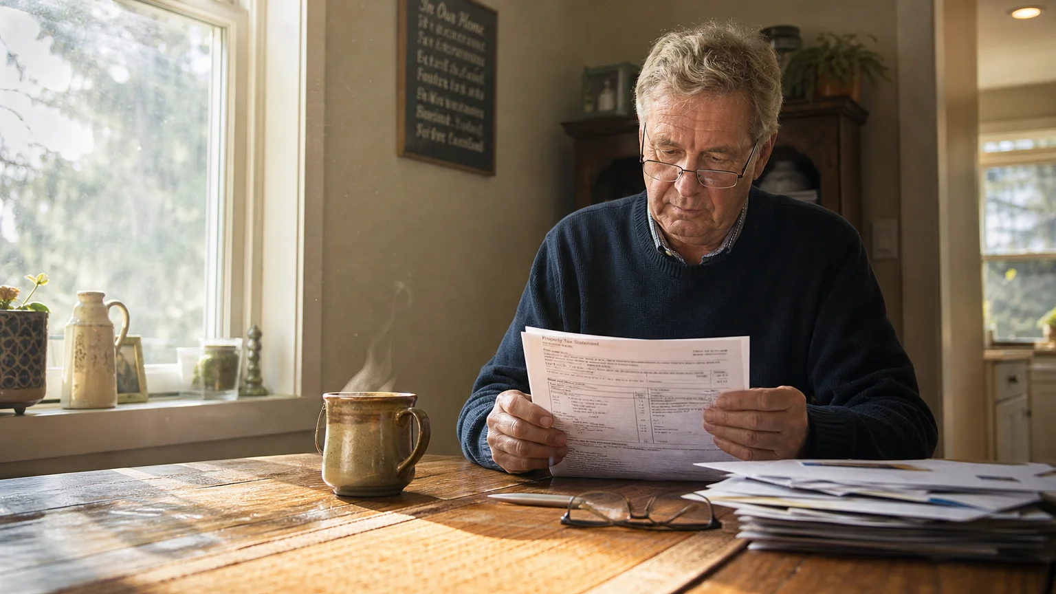 A retired man reviewing tax documents at his dining table in the morning light.