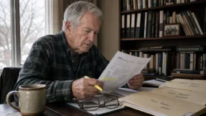 A retiree in a home office carefully reviewing tax documents and folders at a desk with a coffee mug.