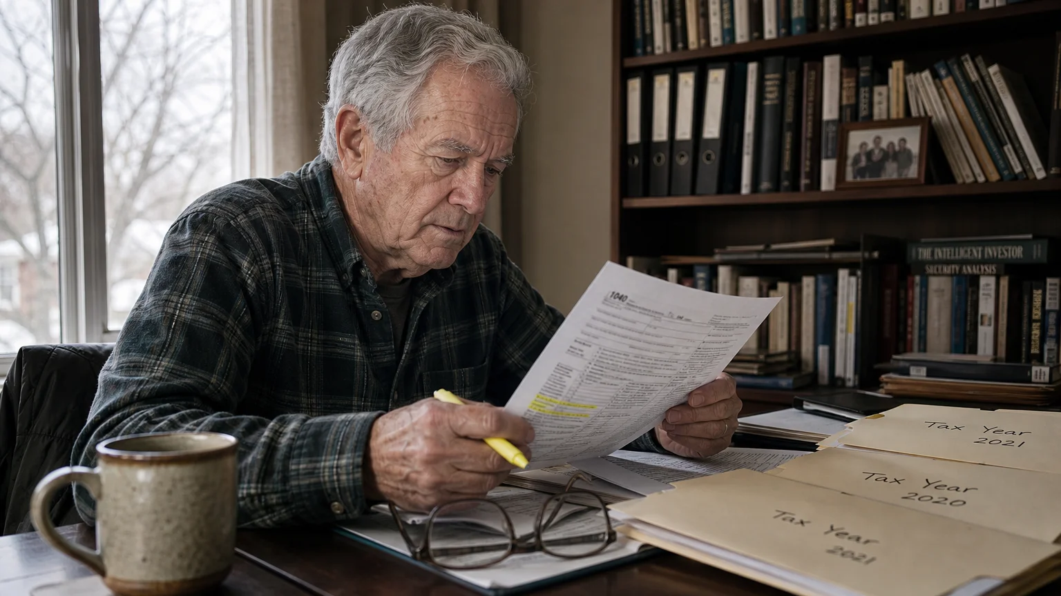 A retiree in a home office carefully reviewing tax documents and folders at a desk with a coffee mug.