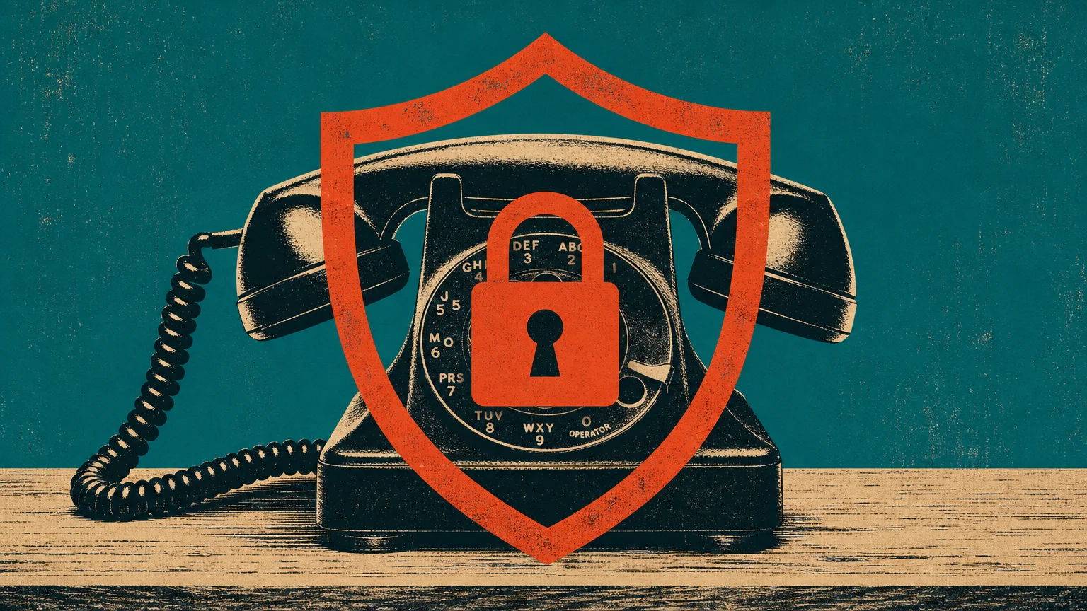 A screenprint-style illustration of a vintage telephone protected by a red-orange shield with a lock symbol inside.