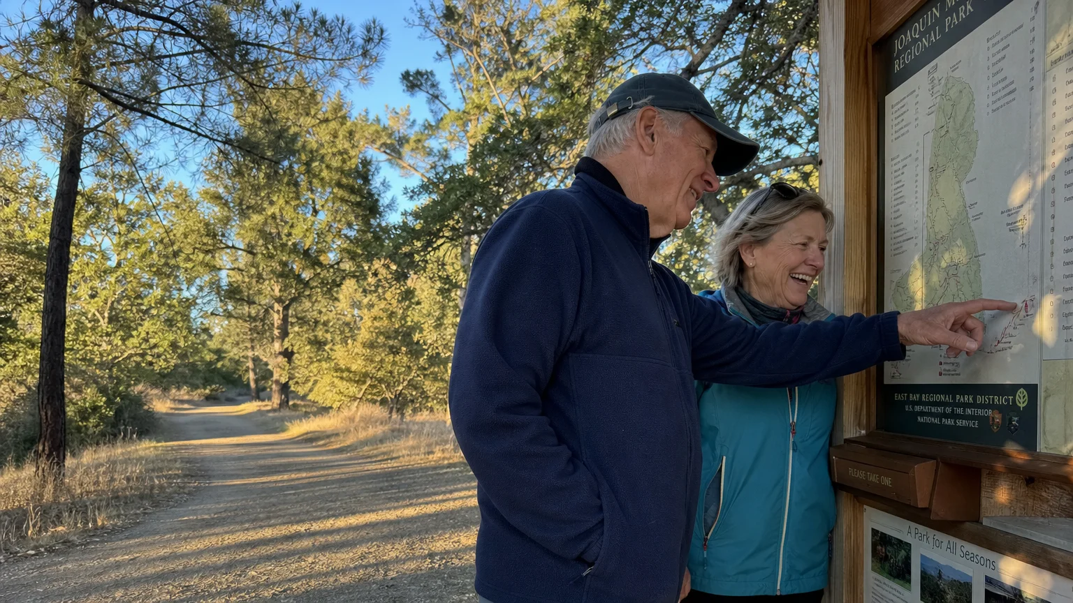 A senior couple in hiking gear looks at a trail map in a sunny forest, capturing an active retirement moment.