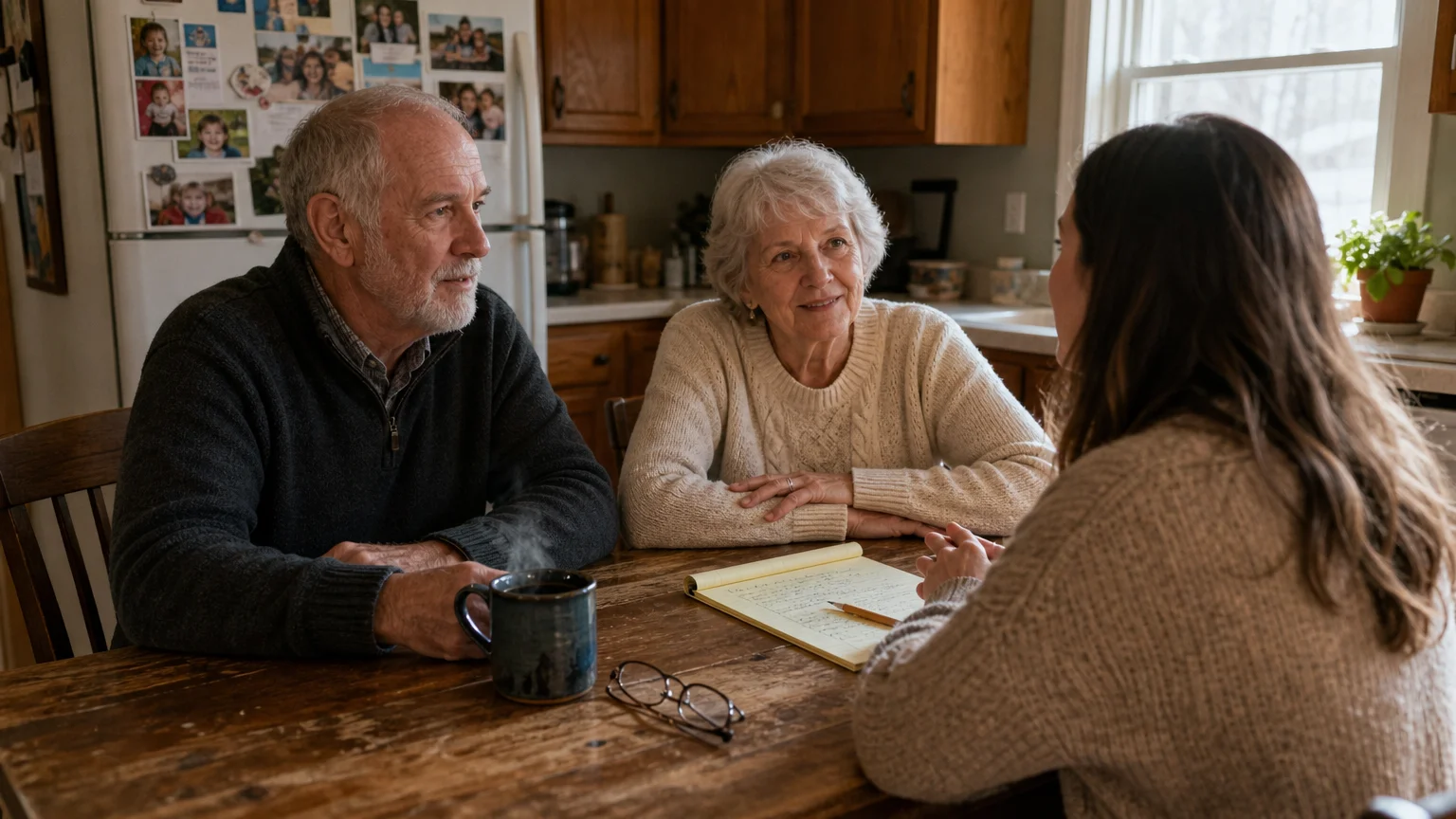 A senior couple sits at their kitchen table with an advisor, discussing paperwork over a cup of coffee.