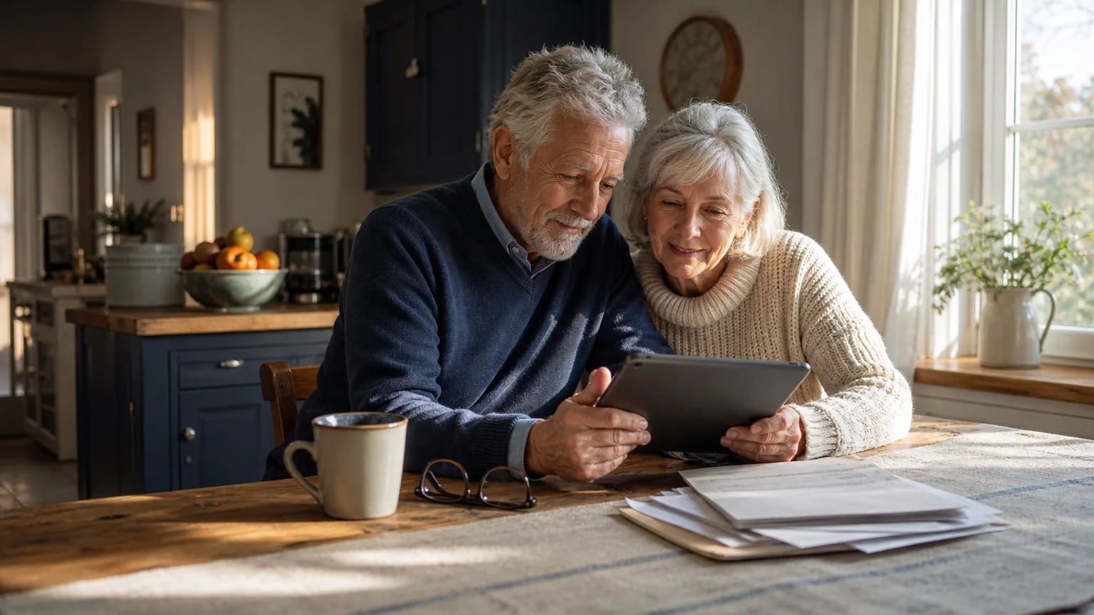 A senior couple sits at their sunlit kitchen table, looking at a tablet with a sense of financial confidence.