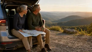 A senior couple sits on the back of their SUV at a mountain overlook, looking at a map while planning their retirement move.