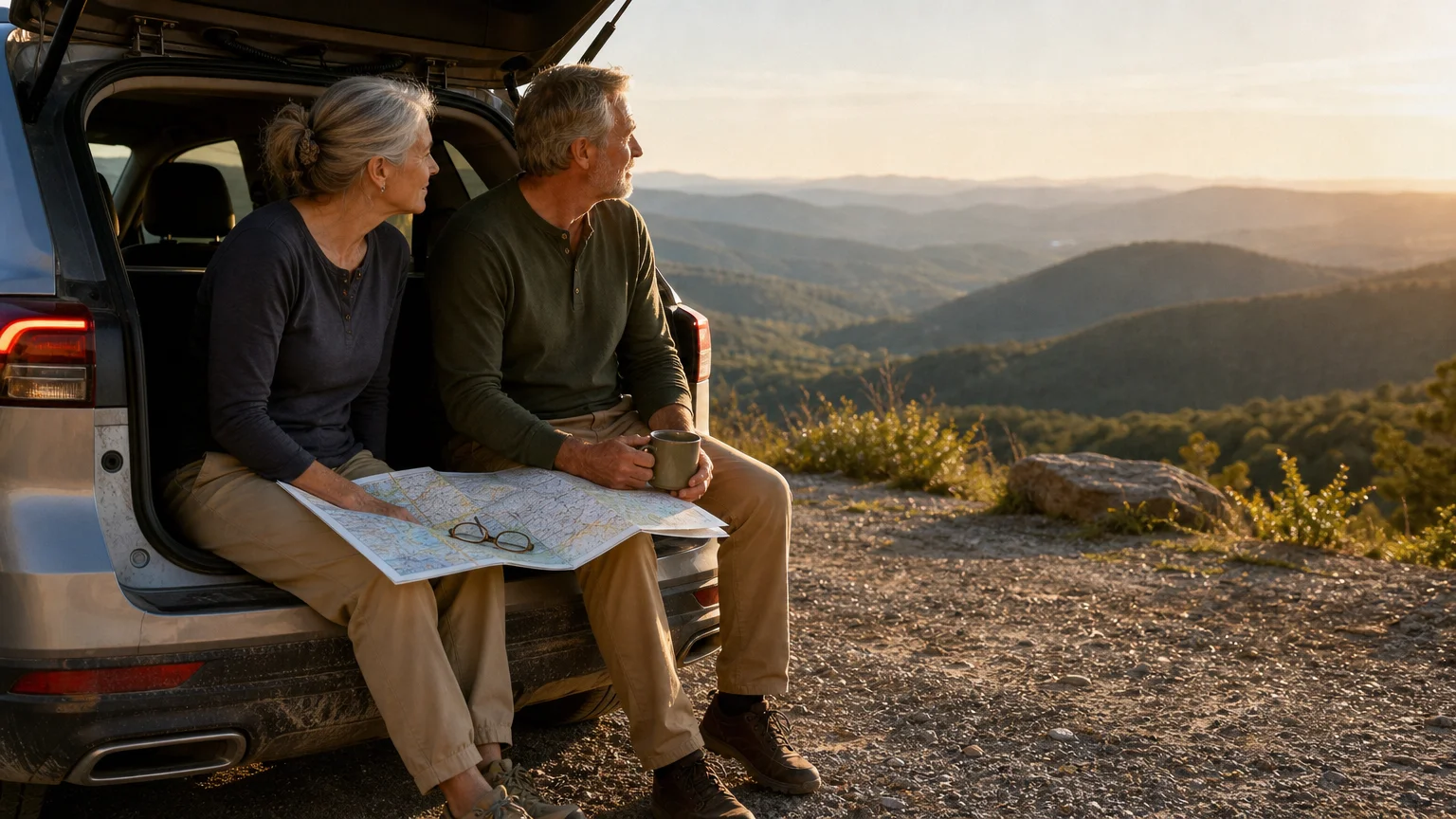 A senior couple sits on the back of their SUV at a mountain overlook, looking at a map while planning their retirement move.