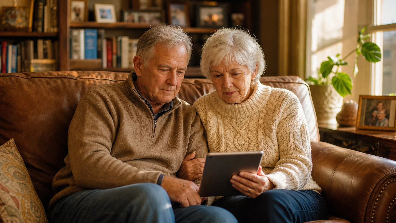 A senior couple sitting together on a sofa, looking at a tablet and discussing their retirement plans.