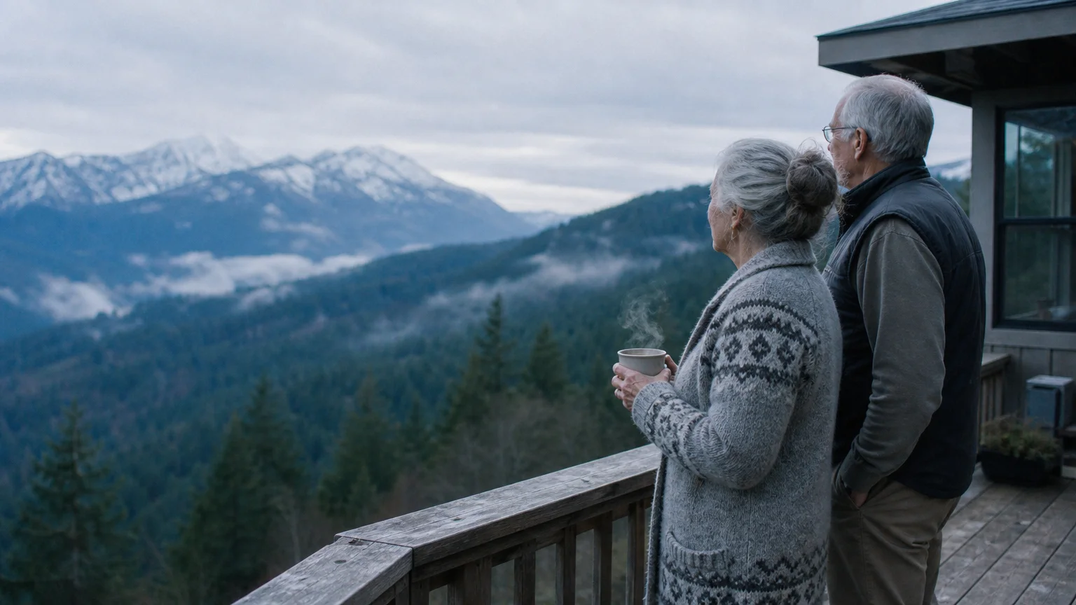 A senior couple stands on a wooden deck looking at a misty mountain landscape in the Pacific Northwest during a quiet morning.