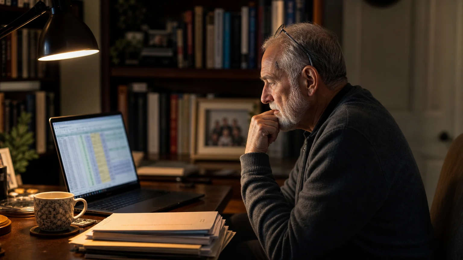 A senior man in a home office looks at a laptop, surrounded by paperwork and books, planning his relocation.