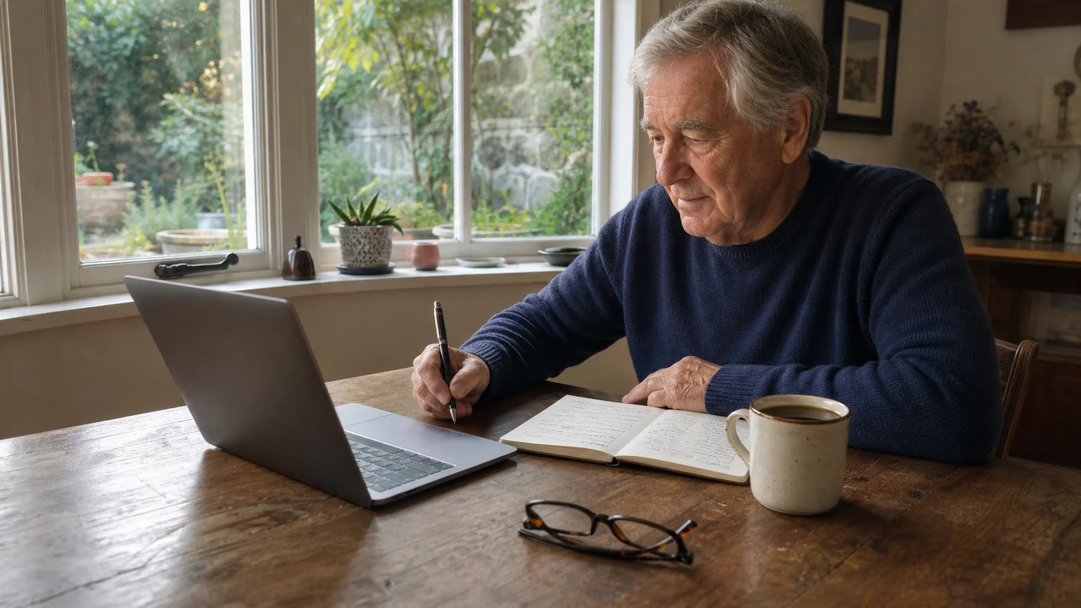 A senior man in a navy sweater sits at a wooden kitchen table with a laptop and notebook in a sunlit breakfast nook.