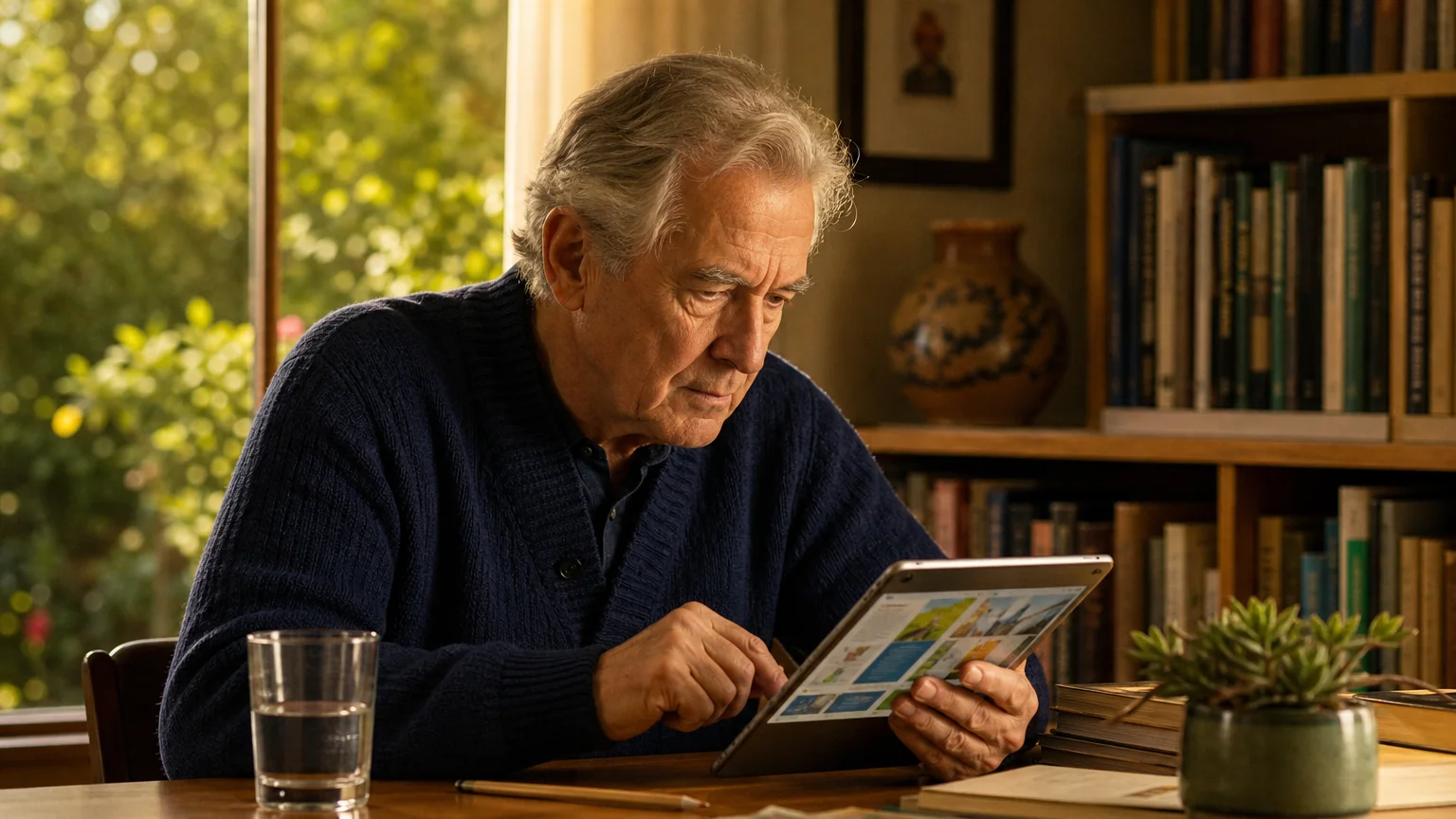 A senior man with silver hair looking focused and engaged as he works on a tablet in his sunlit home office.