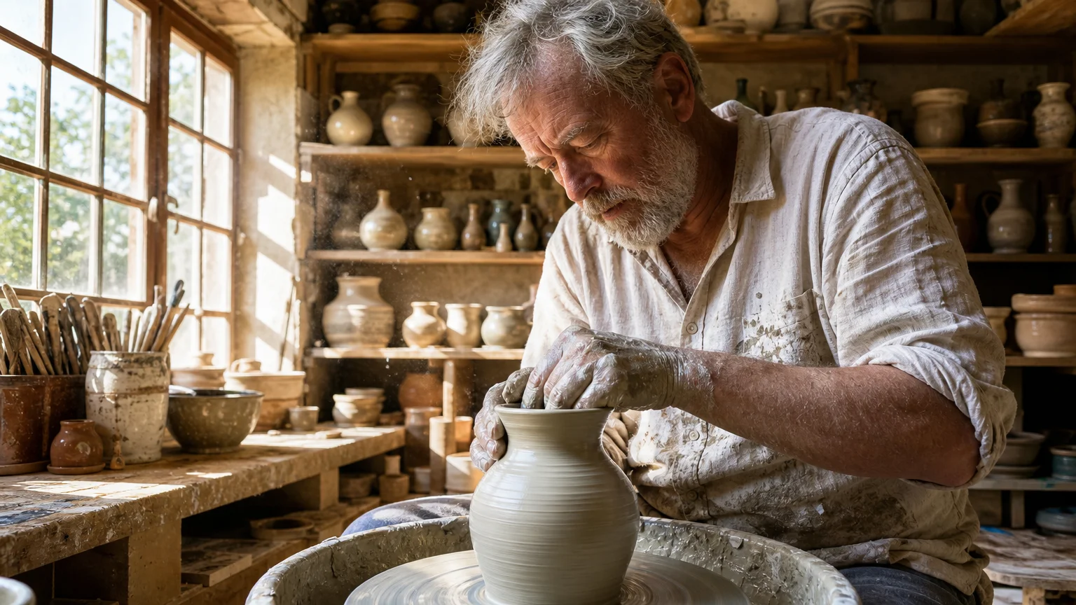 A senior man working on a pottery wheel in his sunlit home studio, captured in a candid, documentary-style photograph.