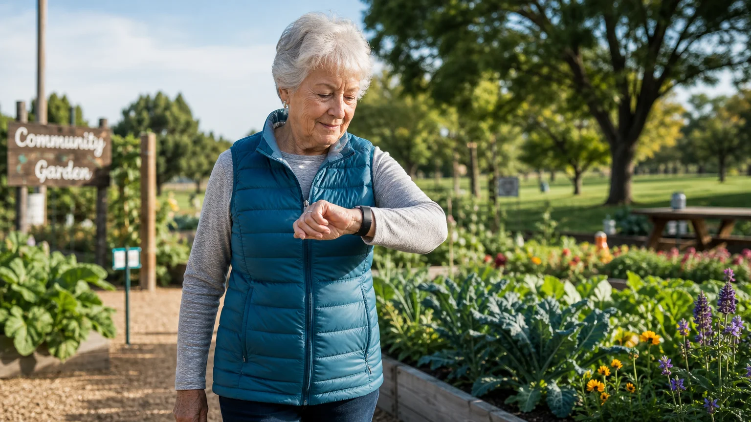 A senior woman checks her fitness tracker while walking through a lush community garden.