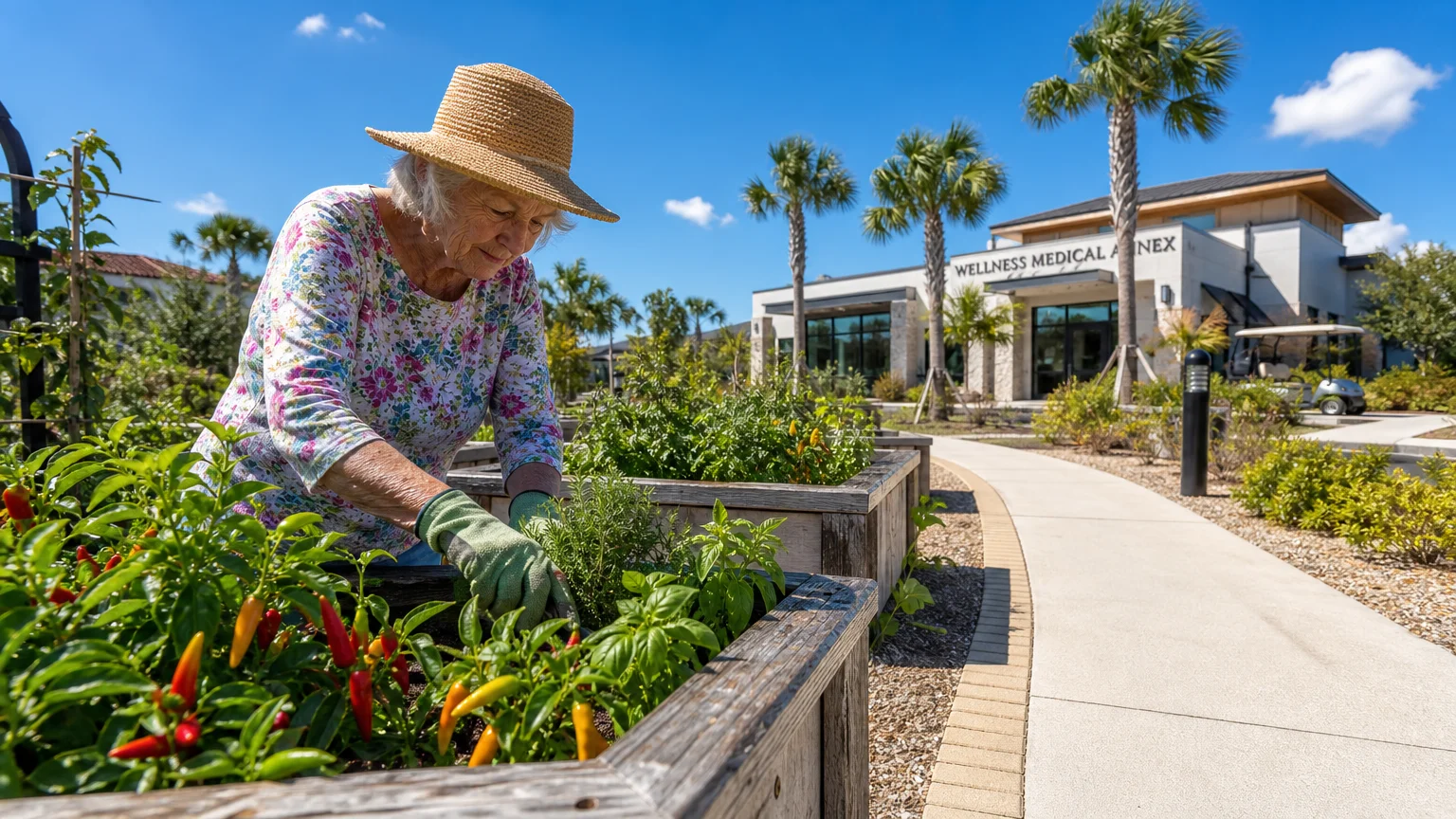 A senior woman gardens in a sunny, modern community space with an accessible trail and healthcare building in the background.