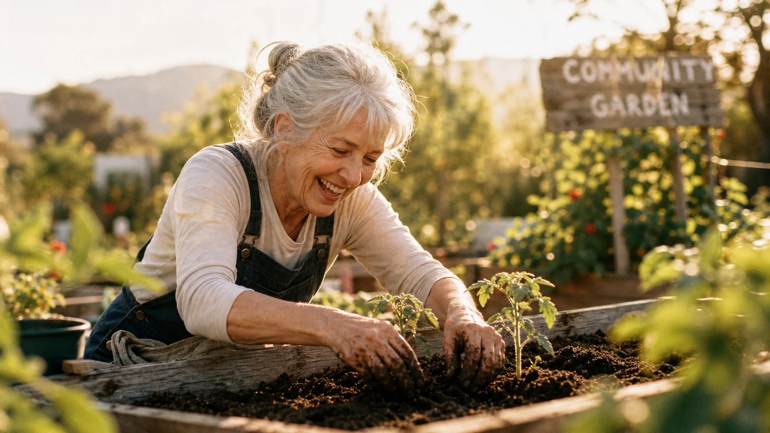 A senior woman smiling warmly while gardening in a sun-drenched outdoor community plot.