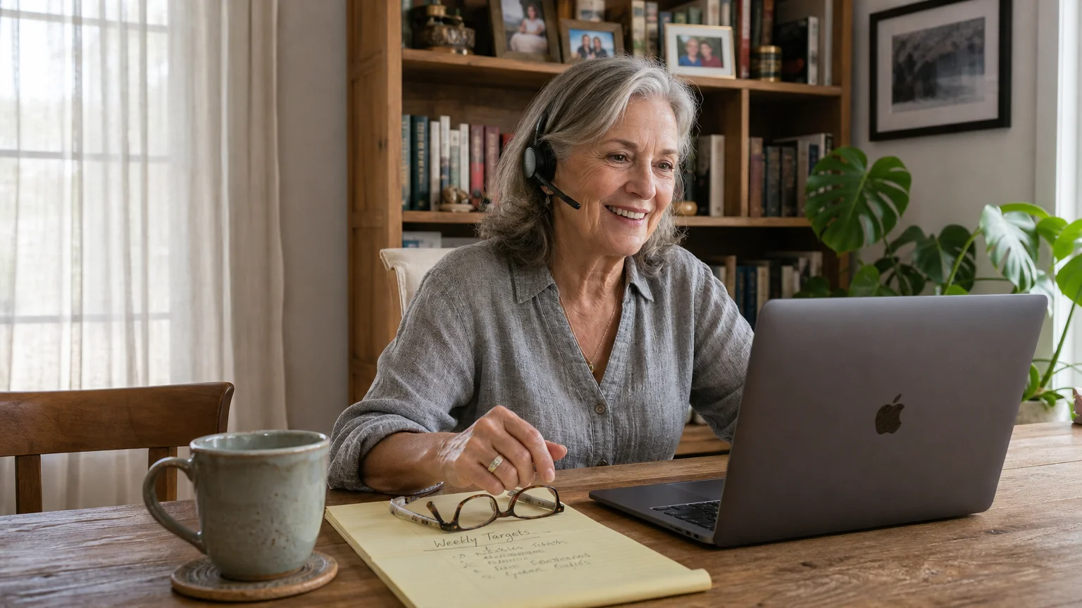 A senior woman smiling while wearing a headset and working on her laptop at a sunlit oak table in her comfortable home.